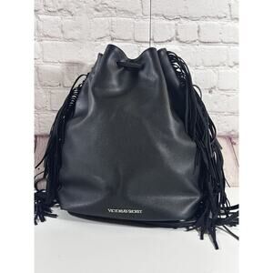 Victoria's Secret Backpack Black Purse Bag Fringe Faux Leather Western 14x15"